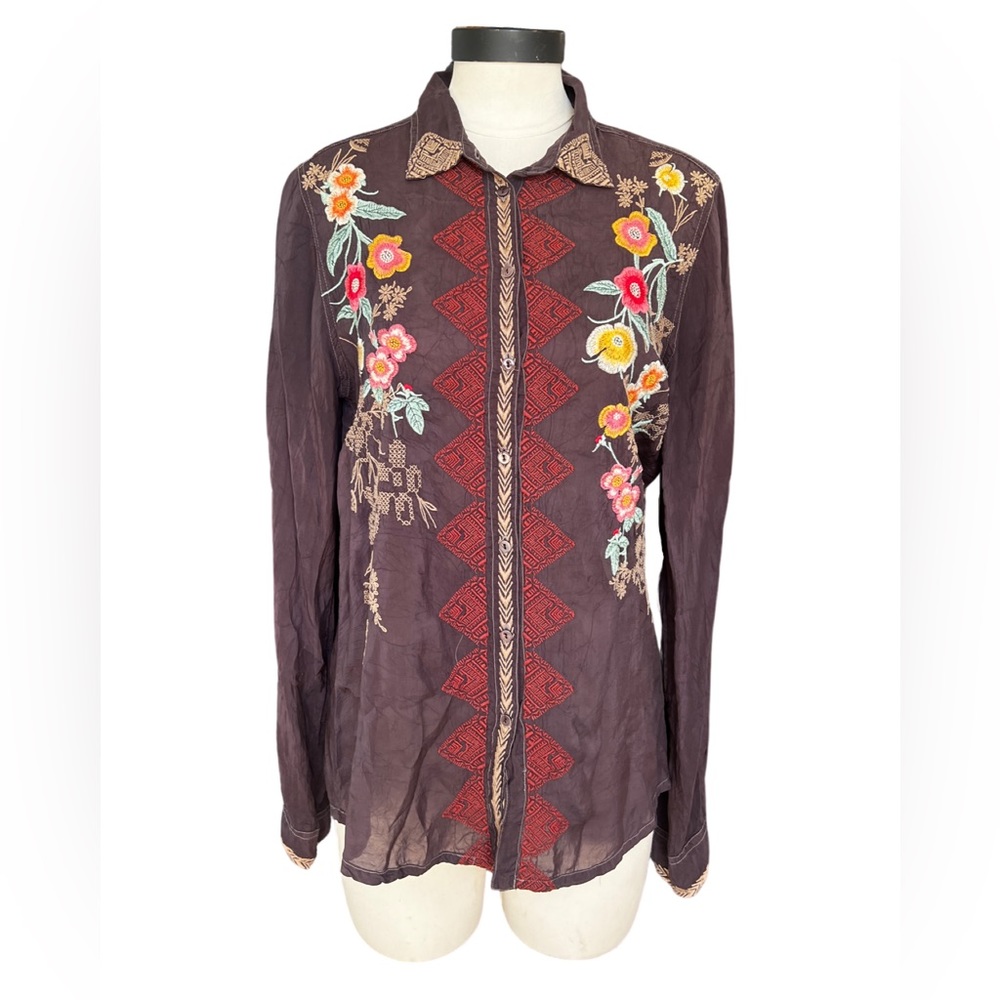 JOHNNY WAS Brown Embroidered Floral Button Up, Size S